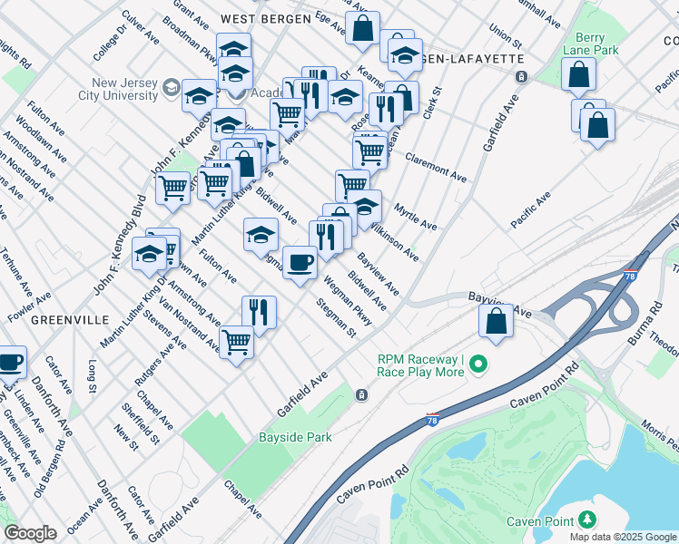 map of restaurants, bars, coffee shops, grocery stores, and more near 65 Bayview Avenue in Jersey City