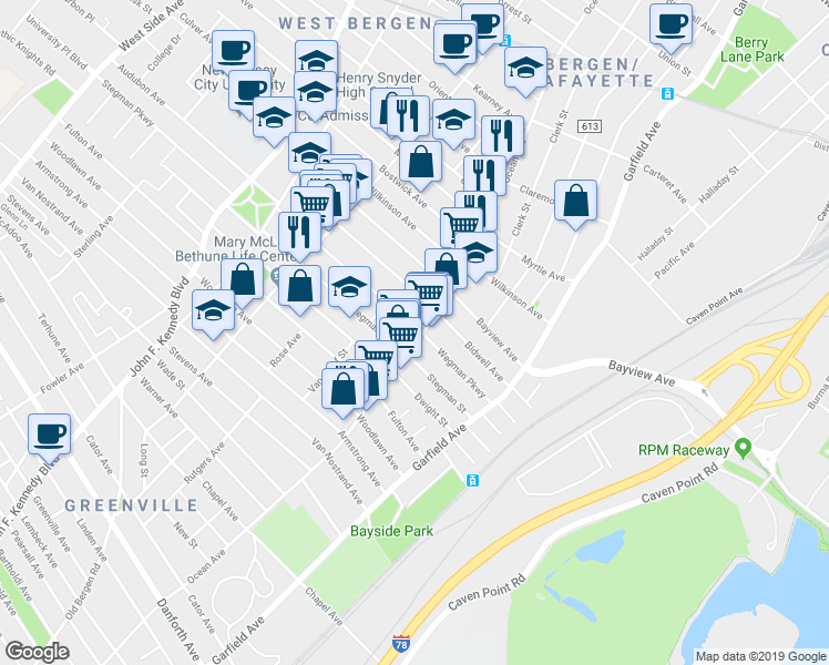 map of restaurants, bars, coffee shops, grocery stores, and more near 507-523 Ocean Avenue in Jersey City