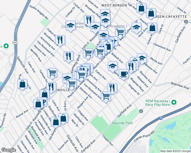 map of restaurants, bars, coffee shops, grocery stores, and more near 181 Fulton Avenue in Jersey City