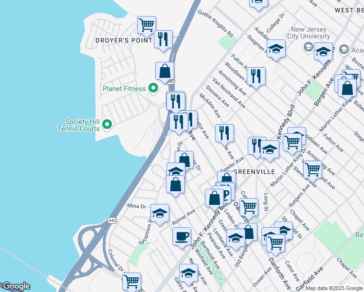 map of restaurants, bars, coffee shops, grocery stores, and more near 391 Danforth Avenue in Jersey City