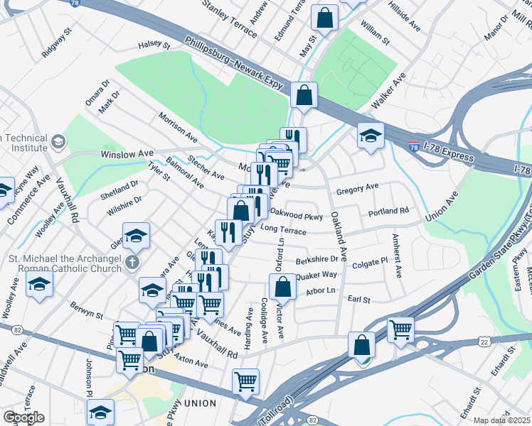 map of restaurants, bars, coffee shops, grocery stores, and more near 1415 Stuyvesant Avenue in Union
