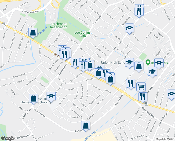 map of restaurants, bars, coffee shops, grocery stores, and more near 1015 Schneider Avenue in Union