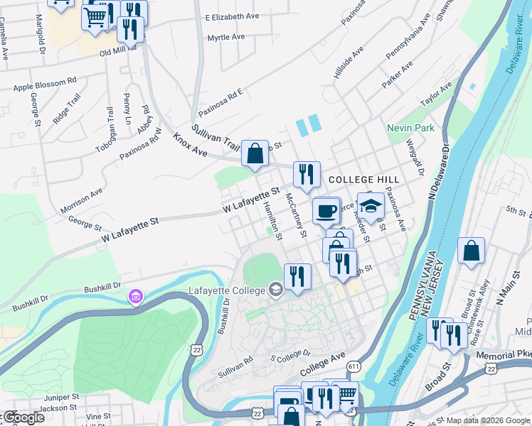 map of restaurants, bars, coffee shops, grocery stores, and more near 719 Hamilton Street in Easton