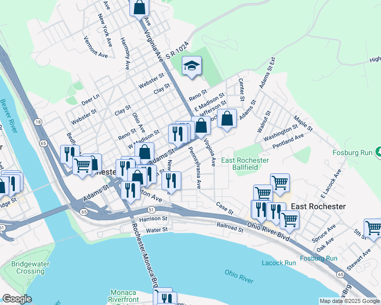 map of restaurants, bars, coffee shops, grocery stores, and more near 477 Adams Street in Rochester