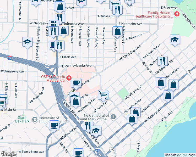 map of restaurants, bars, coffee shops, grocery stores, and more near 815 Northeast Glen Oak Avenue in Peoria