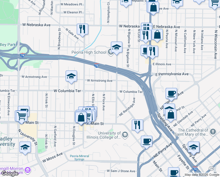 map of restaurants, bars, coffee shops, grocery stores, and more near 406 West Armstrong Avenue in Peoria