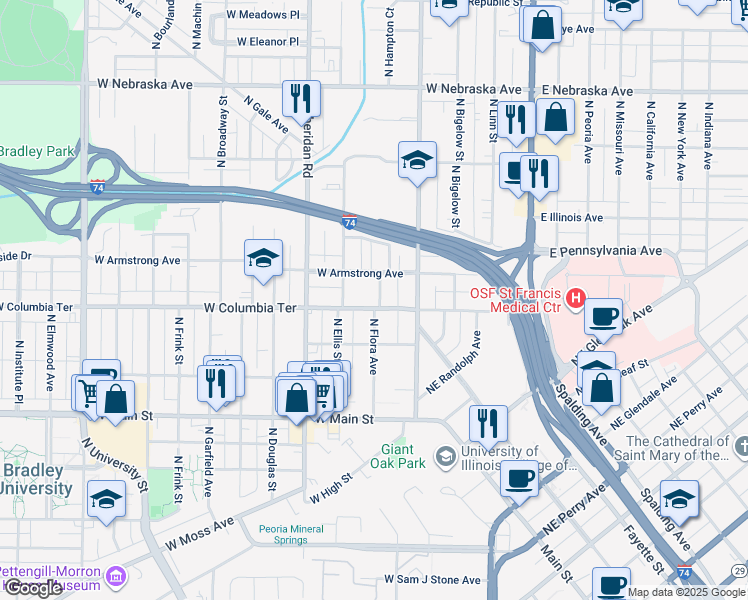 map of restaurants, bars, coffee shops, grocery stores, and more near 510 West Armstrong Avenue in Peoria