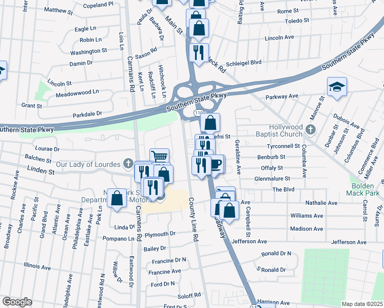 map of restaurants, bars, coffee shops, grocery stores, and more near 865 County Line Road in Amityville
