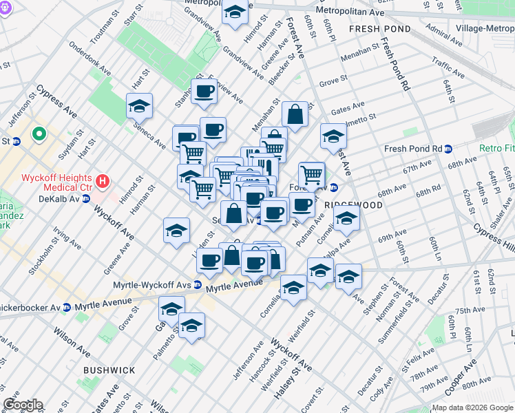 map of restaurants, bars, coffee shops, grocery stores, and more near 1827 Gates Avenue in Queens