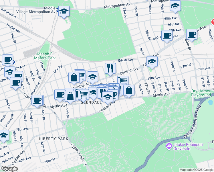 map of restaurants, bars, coffee shops, grocery stores, and more near 71-03 69th Place in Queens