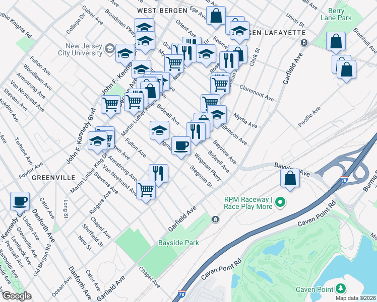 map of restaurants, bars, coffee shops, grocery stores, and more near 507-523 Ocean Avenue in Jersey City