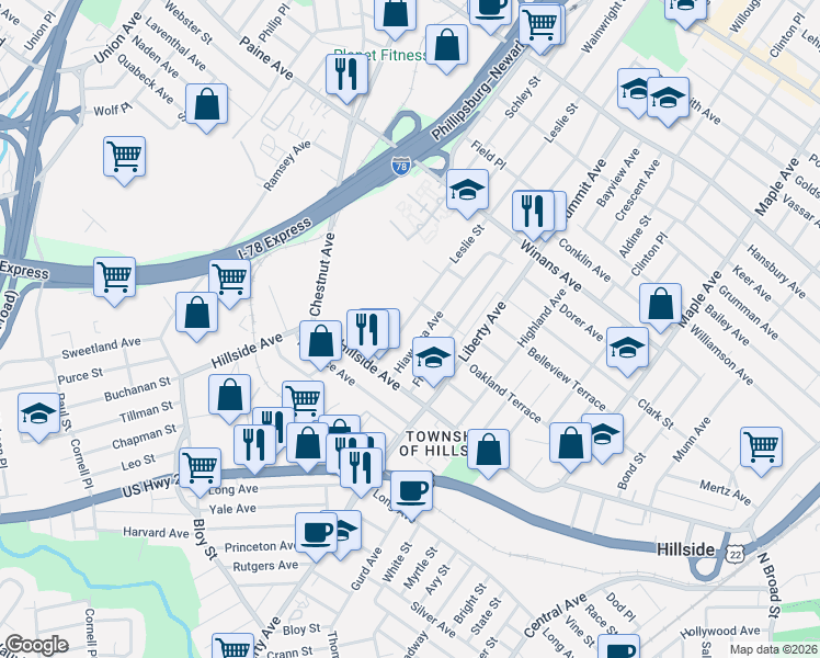 map of restaurants, bars, coffee shops, grocery stores, and more near 1448 Leslie Street in Hillside