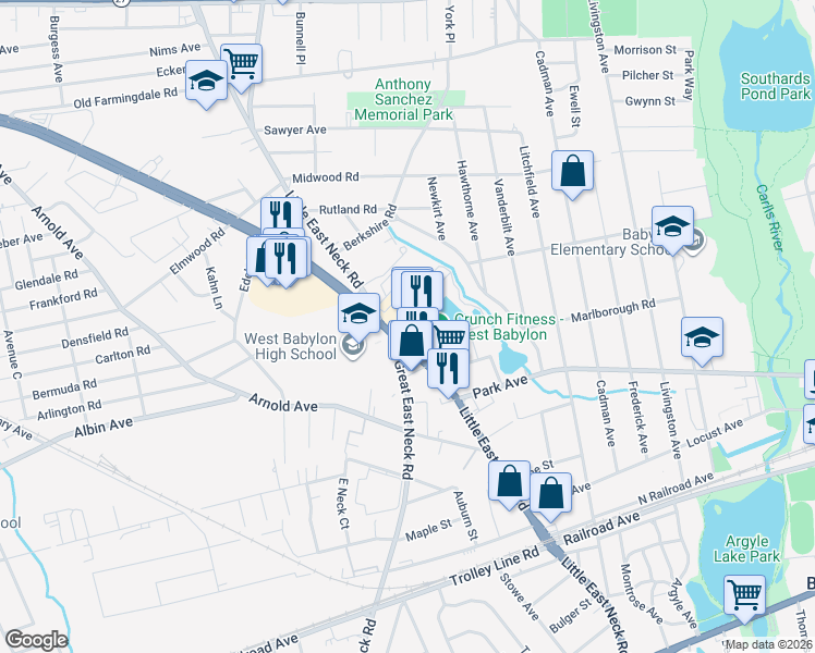 map of restaurants, bars, coffee shops, grocery stores, and more near 144 Millard Avenue in West Babylon