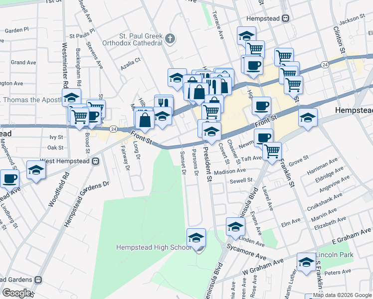 map of restaurants, bars, coffee shops, grocery stores, and more near 81 Front Street in Hempstead