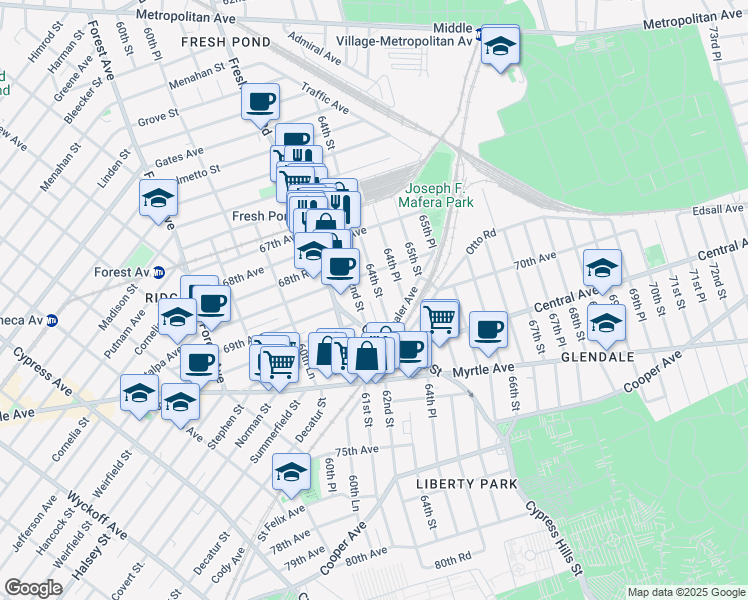 map of restaurants, bars, coffee shops, grocery stores, and more near 69-28 64th Street in Queens