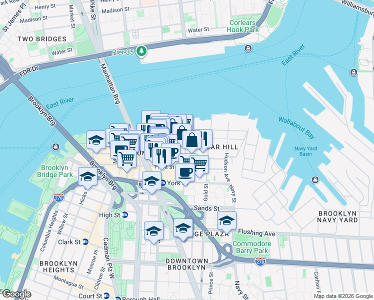 map of restaurants, bars, coffee shops, grocery stores, and more near 23 Bridge Street in Brooklyn