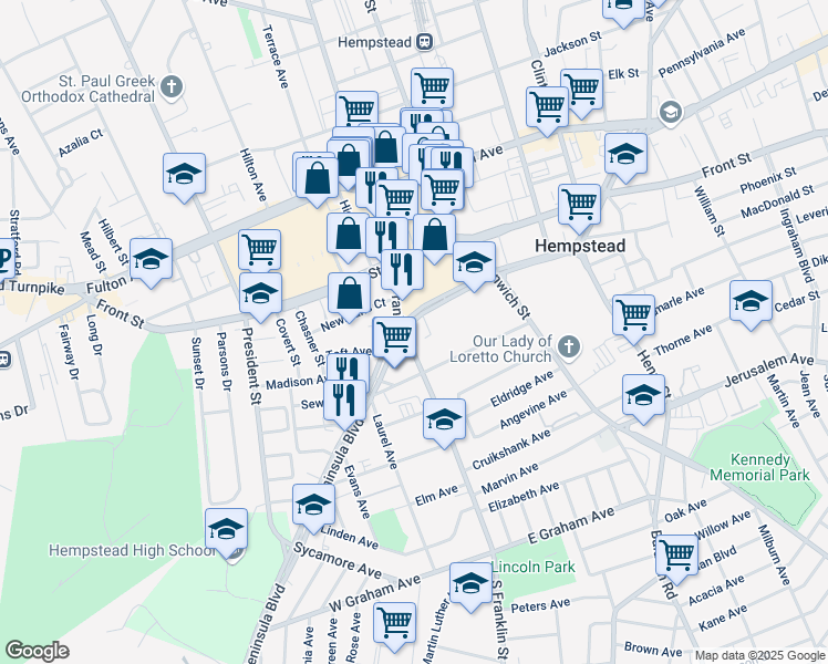 map of restaurants, bars, coffee shops, grocery stores, and more near 315-321 Peninsula Boulevard in Hempstead
