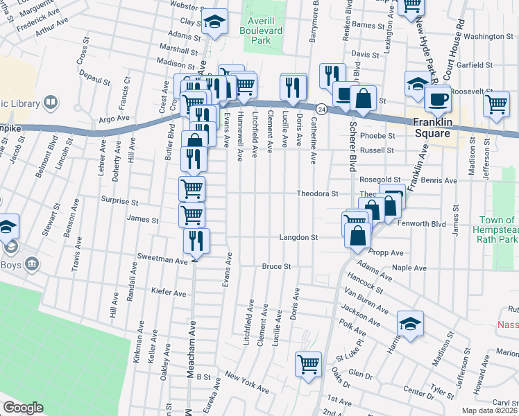 map of restaurants, bars, coffee shops, grocery stores, and more near 169 Litchfield Avenue in Franklin Square