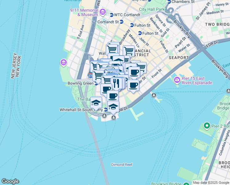 map of restaurants, bars, coffee shops, grocery stores, and more near Broad St & Bridge St in New York