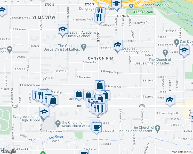 map of restaurants, bars, coffee shops, grocery stores, and more near 3096 South 2300 East in Salt Lake City