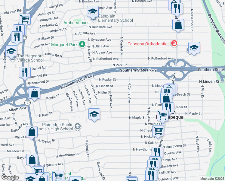 map of restaurants, bars, coffee shops, grocery stores, and more near 270 North Linden Street in Massapequa