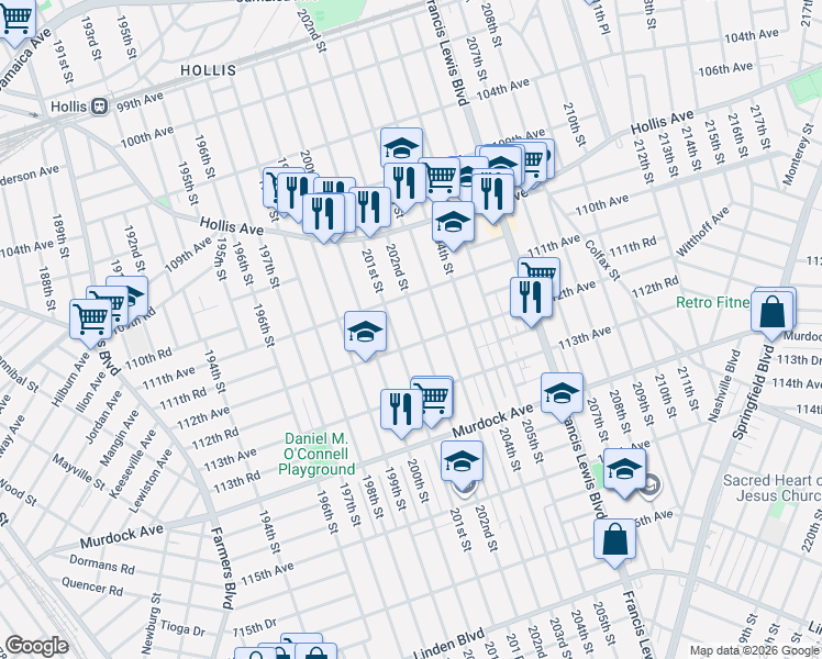 map of restaurants, bars, coffee shops, grocery stores, and more near 111-11 201st Street in Queens