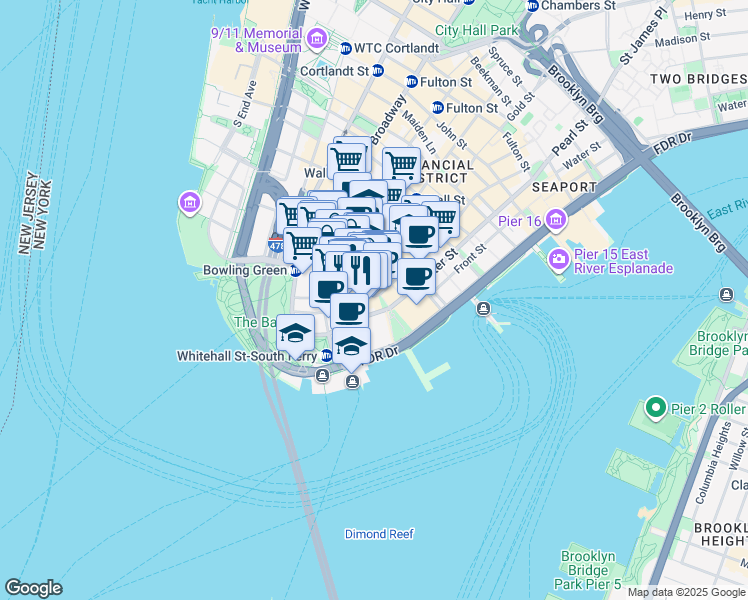 map of restaurants, bars, coffee shops, grocery stores, and more near 85 Broad Street in New York