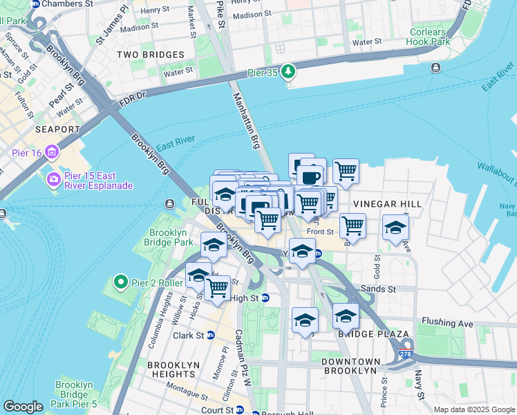 map of restaurants, bars, coffee shops, grocery stores, and more near 1 Main Street in Brooklyn