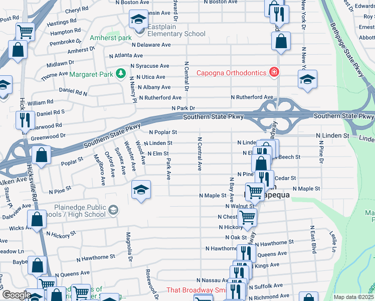 map of restaurants, bars, coffee shops, grocery stores, and more near 248 North Linden Street in Massapequa