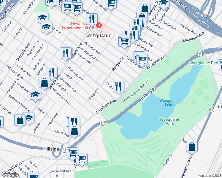 map of restaurants, bars, coffee shops, grocery stores, and more near 47-51 Wilbur Avenue in Newark