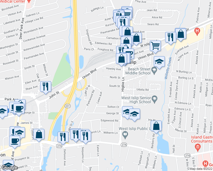 map of restaurants, bars, coffee shops, grocery stores, and more near 10 West Street in West Islip