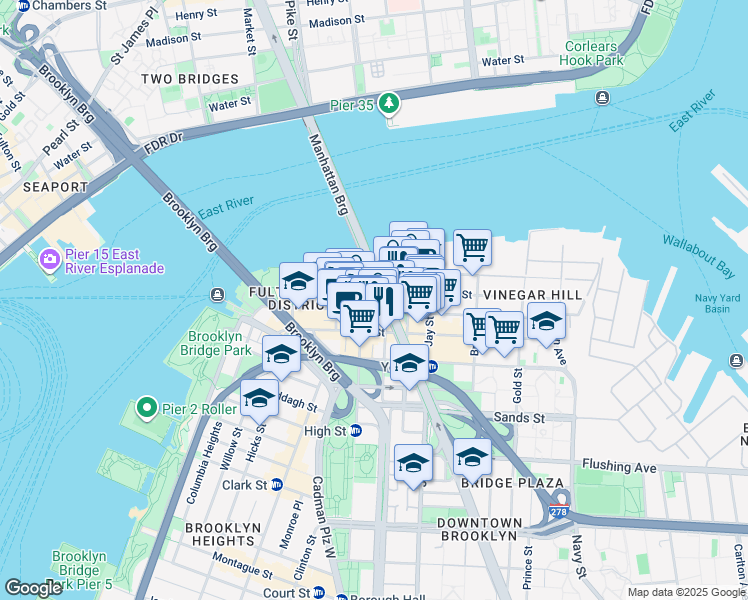 map of restaurants, bars, coffee shops, grocery stores, and more near 25 Washington Street in Brooklyn