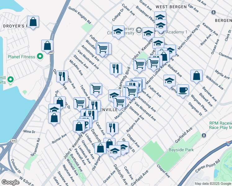 map of restaurants, bars, coffee shops, grocery stores, and more near 1861 John F Kennedy Boulevard West in North Bergen