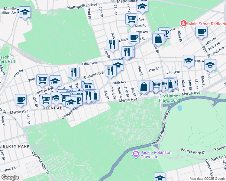 map of restaurants, bars, coffee shops, grocery stores, and more near 7823 73rd Place in Queens