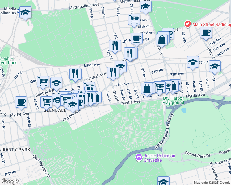 map of restaurants, bars, coffee shops, grocery stores, and more near in Queens