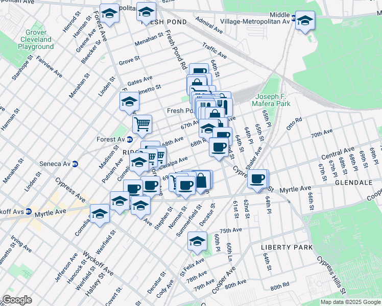 map of restaurants, bars, coffee shops, grocery stores, and more near 60-47 Catalpa Avenue in Queens