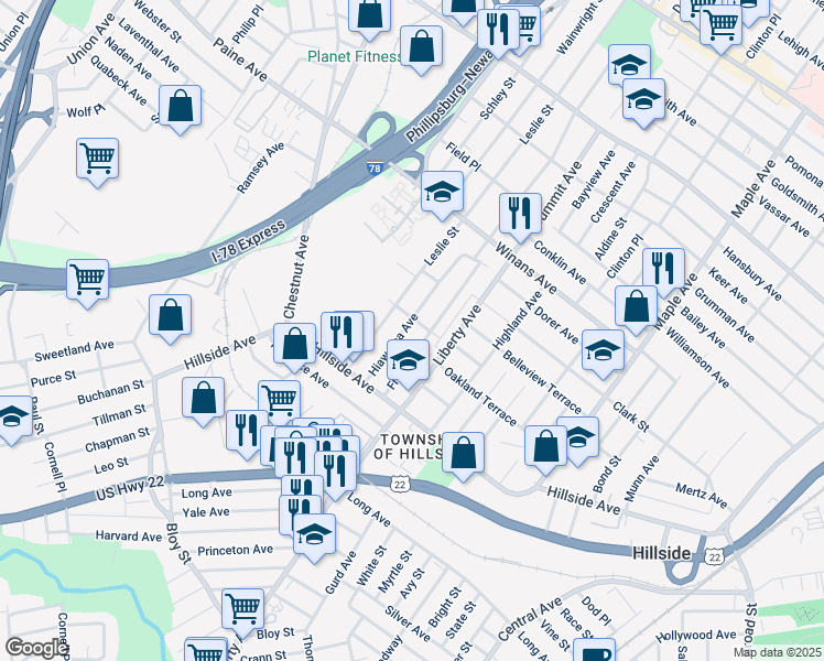 map of restaurants, bars, coffee shops, grocery stores, and more near 1469 Hiawatha Avenue in Hillside