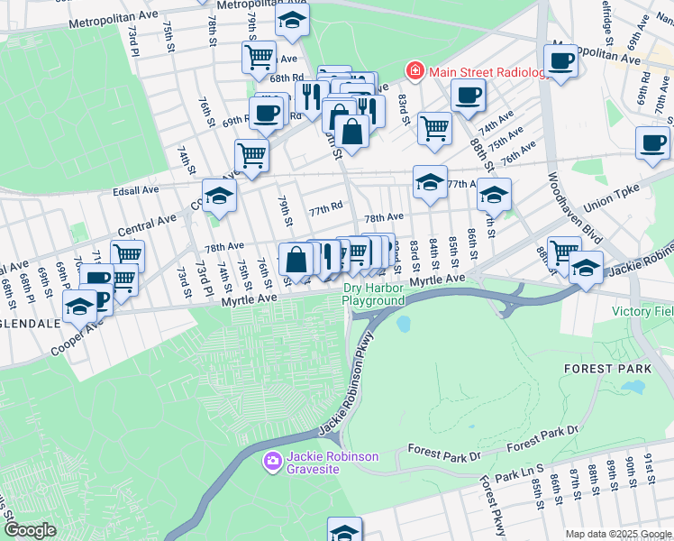 map of restaurants, bars, coffee shops, grocery stores, and more near 7856 79th Lane in Queens