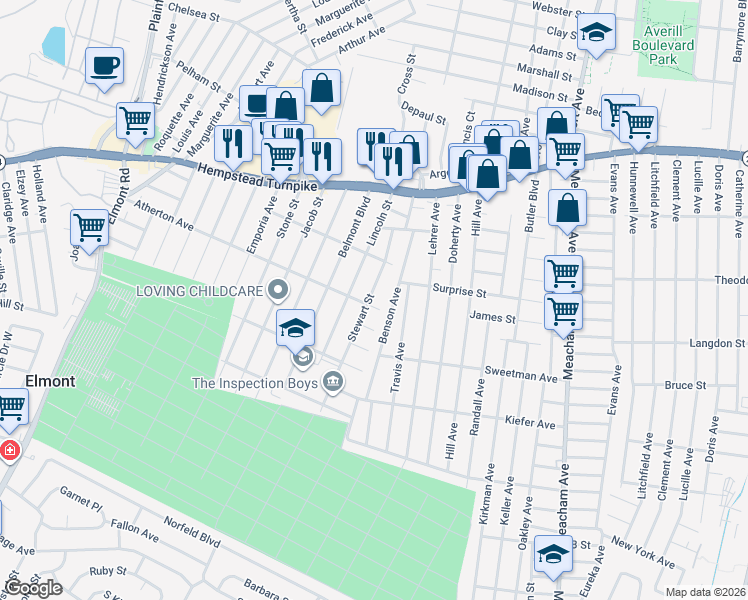 map of restaurants, bars, coffee shops, grocery stores, and more near 117 Lincoln Street in Elmont