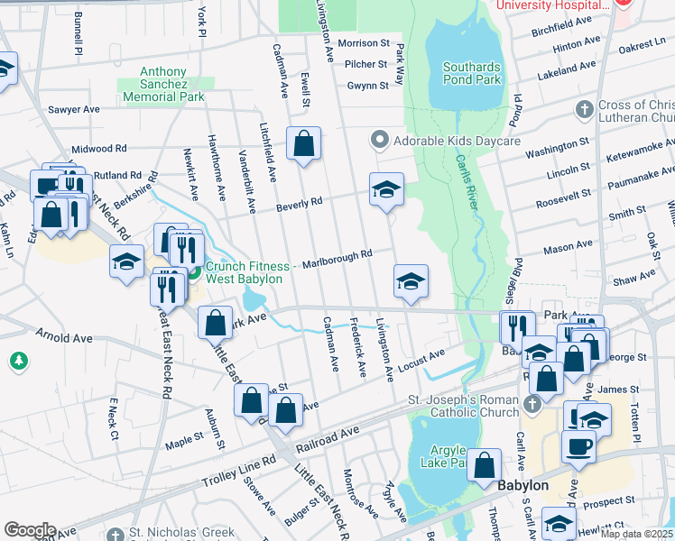 map of restaurants, bars, coffee shops, grocery stores, and more near 35 Marlborough Road in Babylon