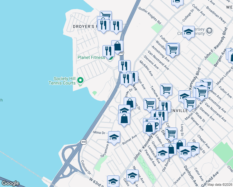 map of restaurants, bars, coffee shops, grocery stores, and more near 120 Suburbia Terrace in Jersey City