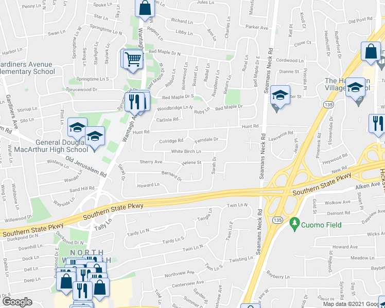 map of restaurants, bars, coffee shops, grocery stores, and more near 932 White Birch Lane in Wantagh