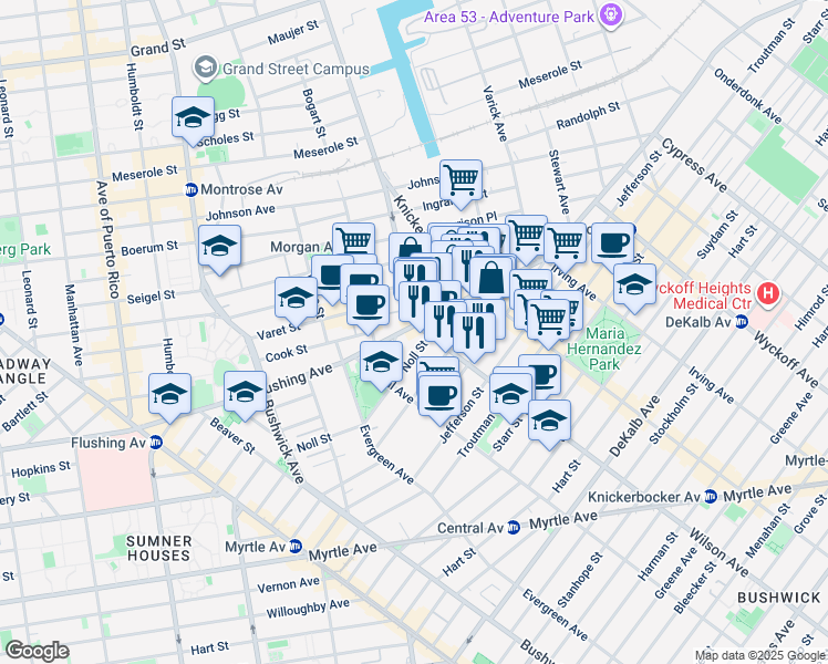 map of restaurants, bars, coffee shops, grocery stores, and more near 998 Flushing Avenue in Brooklyn