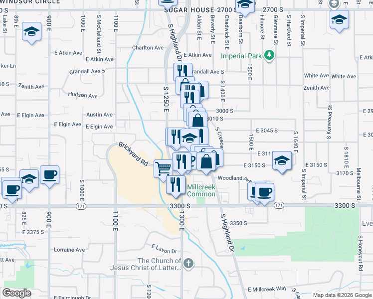 map of restaurants, bars, coffee shops, grocery stores, and more near 1315 Gunn Avenue in Salt Lake City