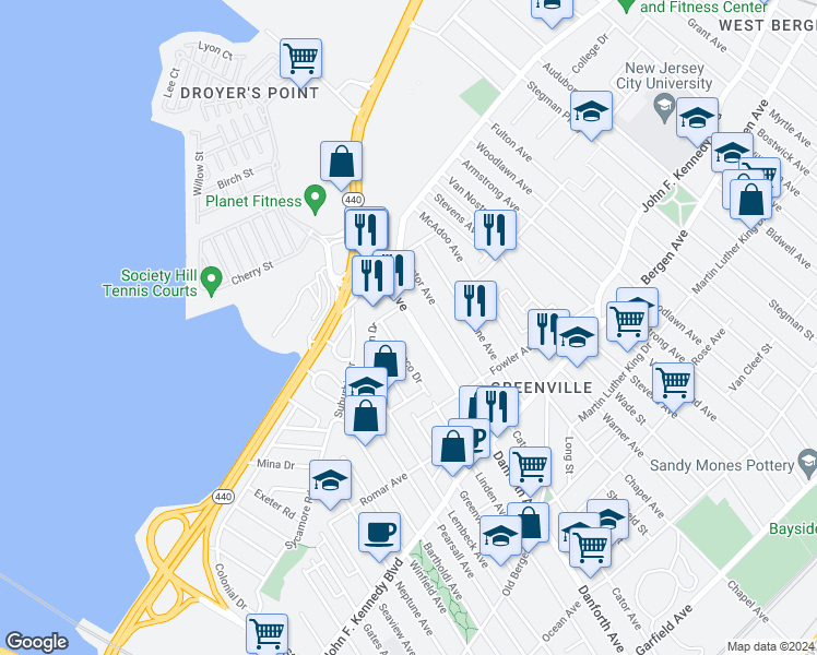 map of restaurants, bars, coffee shops, grocery stores, and more near 373 Danforth Avenue in Jersey City