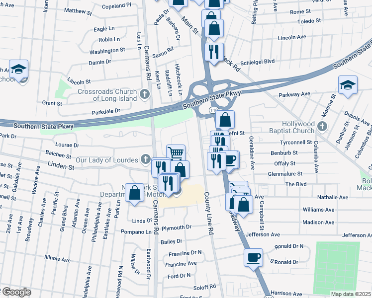 map of restaurants, bars, coffee shops, grocery stores, and more near 4 Amy Court in Massapequa