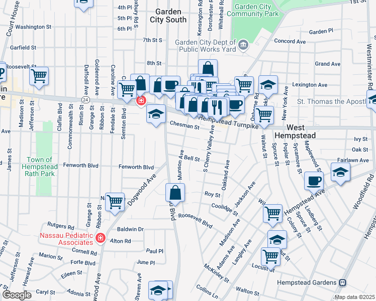 map of restaurants, bars, coffee shops, grocery stores, and more near 514 Maxwell Street in West Hempstead