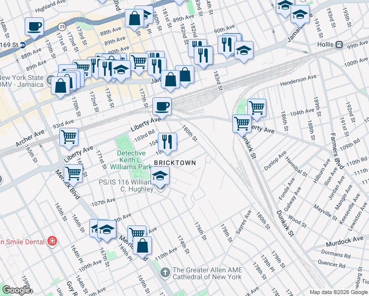 map of restaurants, bars, coffee shops, grocery stores, and more near 177-23 105th Avenue in Queens