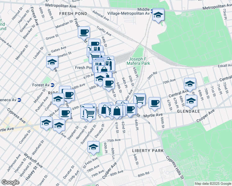 map of restaurants, bars, coffee shops, grocery stores, and more near 69-21 62nd Street in Queens