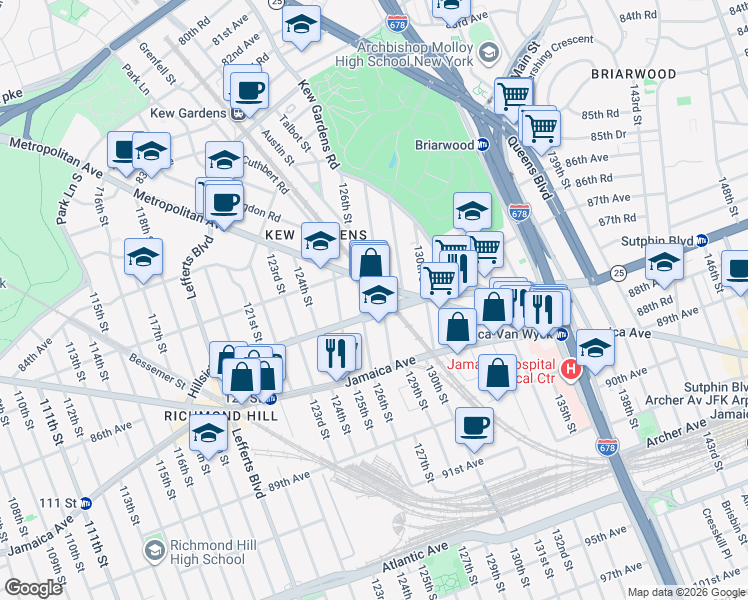 map of restaurants, bars, coffee shops, grocery stores, and more near 127-1 Metro Avenue in Queens